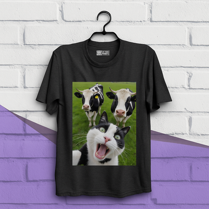 Cat Selfie With Black And White Cow T-Shirt