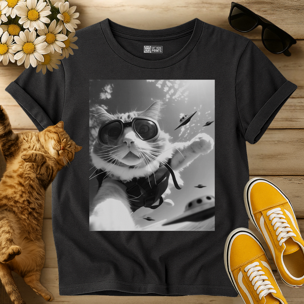 Skydiving Cat Selfie with Alien UFOs T-Shirt