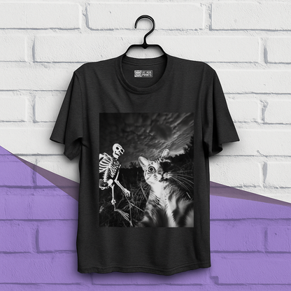 Cat Selfie with Skeleton Halloween T-Shirt