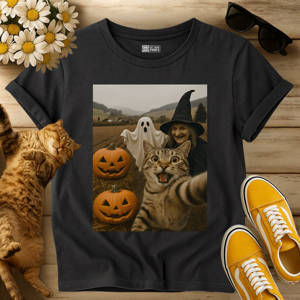 Cat Selfie with Witch & Ghost T-Shirt