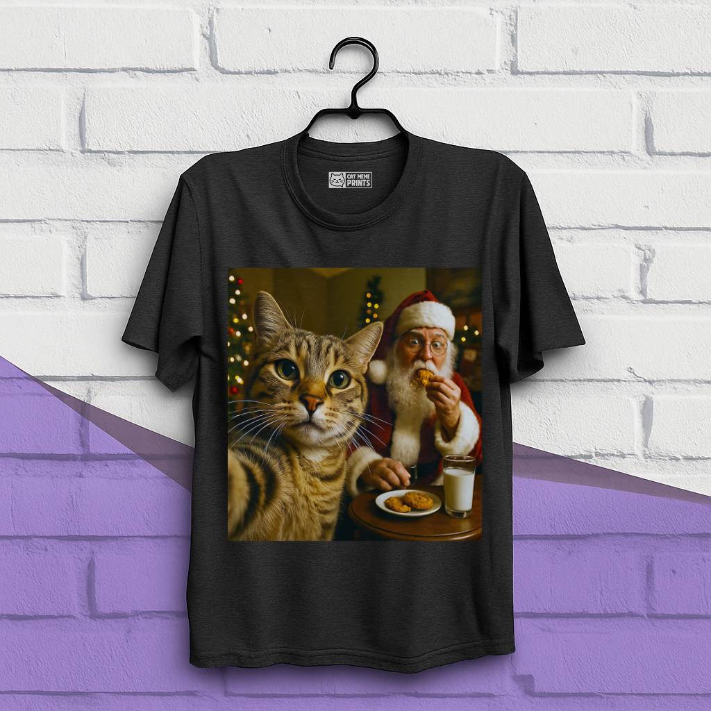 Cat Selfie with Santa Claus Eating Christmas T-Shirt