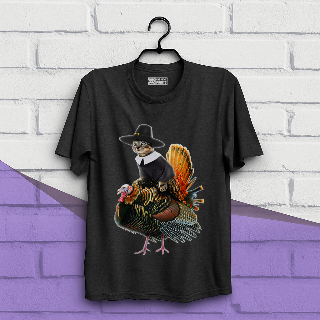 Cat Pilgrim Riding Turkey Thanksgiving T-Shirt