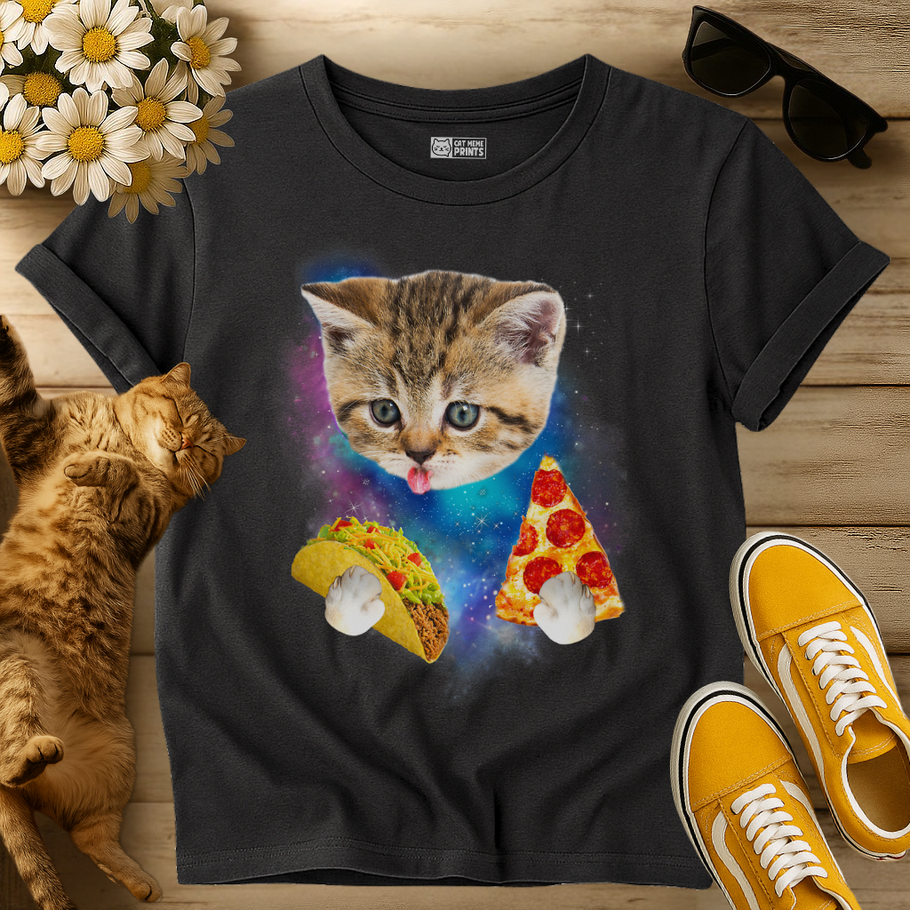 Cat Eat Pizza & Taco in Galaxy Space T-Shirt