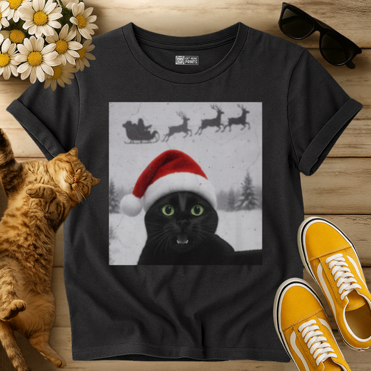 Black Cat Selfie with Santa Sleigh T-Shirt
