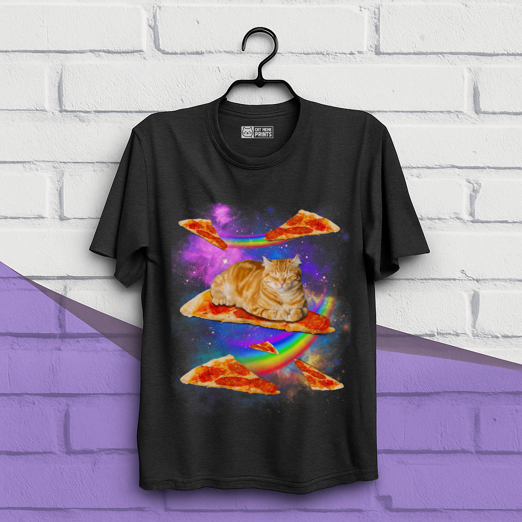 Cat Riding Pizza In Space Galaxy T-Shirt