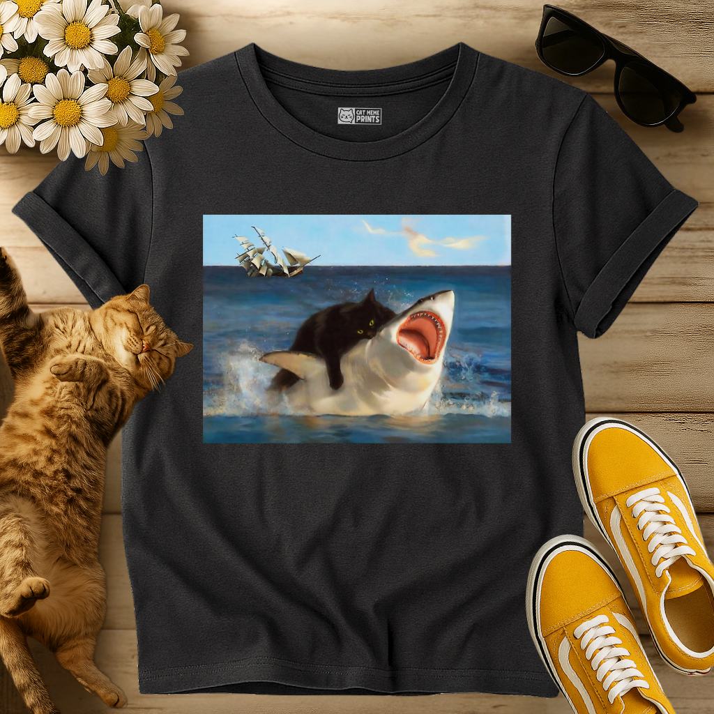 Black Cat Riding Shark Ocean Selfie T-Shirt
