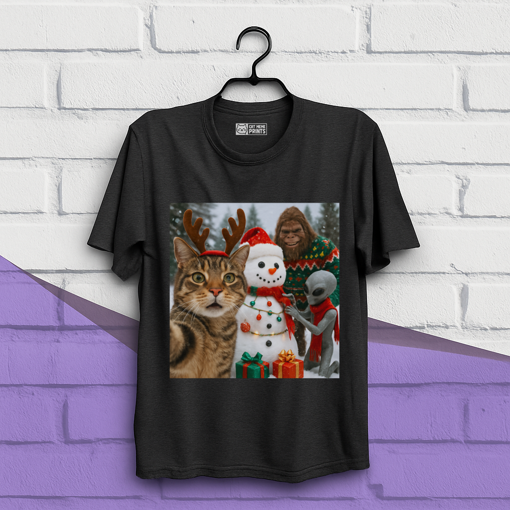 Cat Selfie with Bigfoot Alien & Snowman Christmas T-Shirt