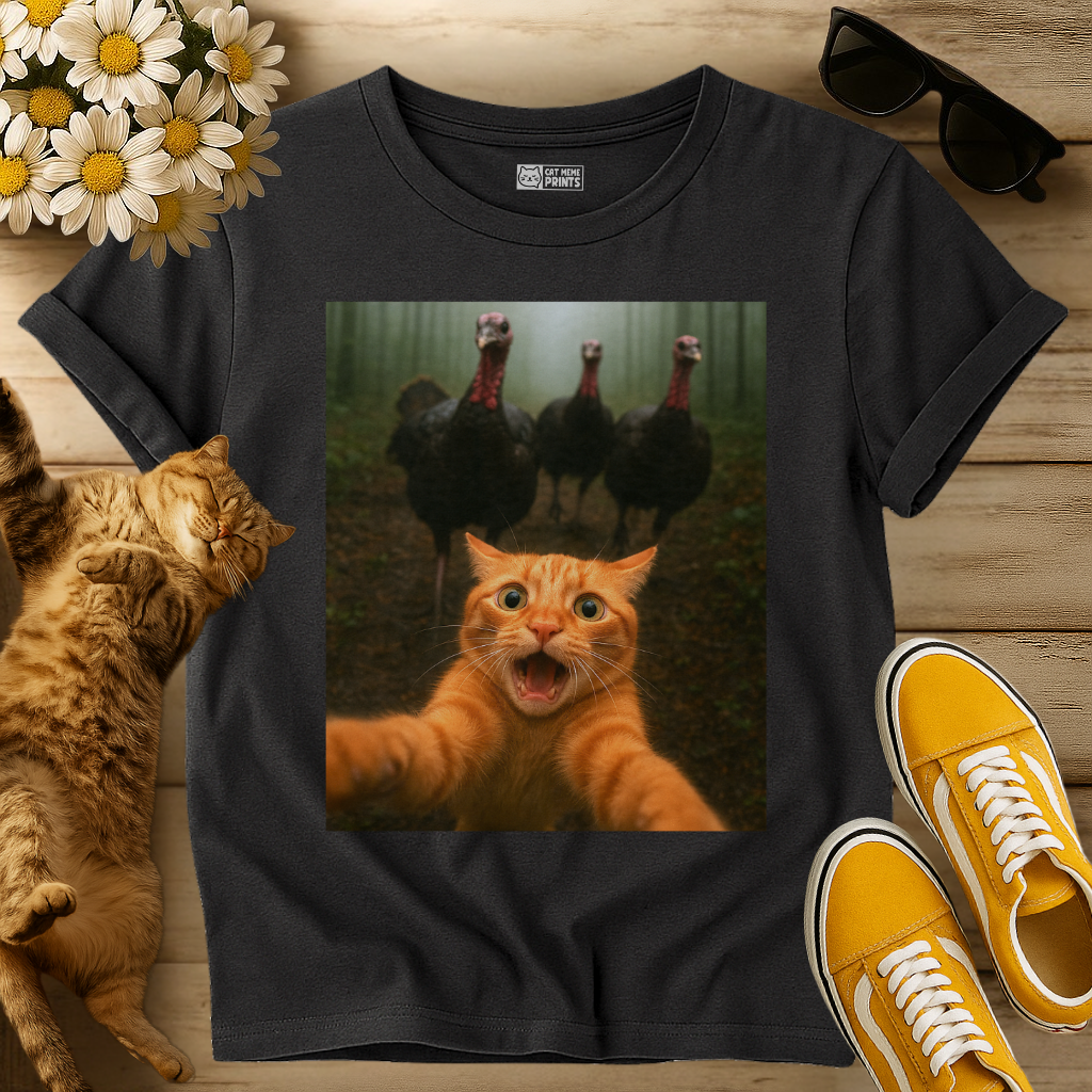 Cat Selfie Turkey Chase Thanksgiving T-Shirt