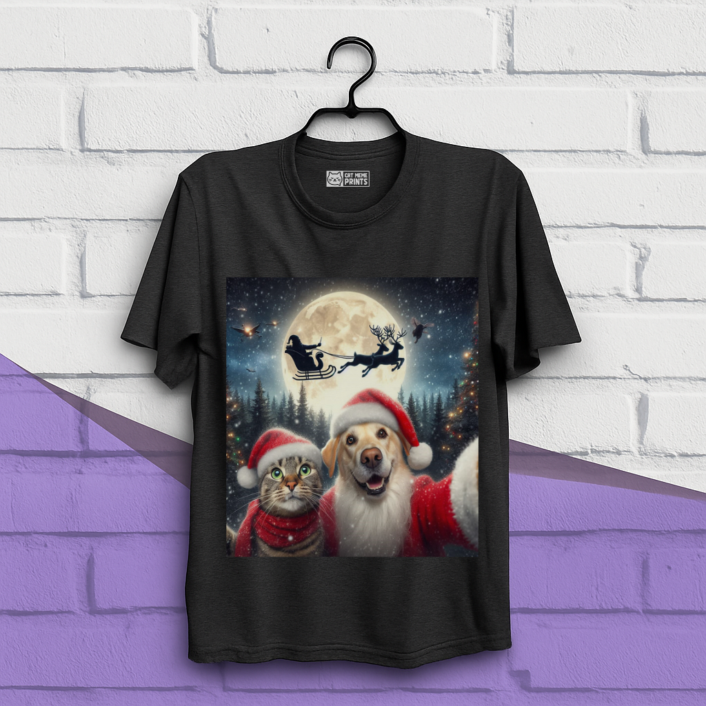 Cat and Dog Selfie with Santa Claus Christmas T-Shirt