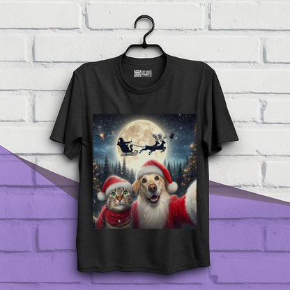 Cat and Dog Selfie with Santa Claus Christmas T-Shirt