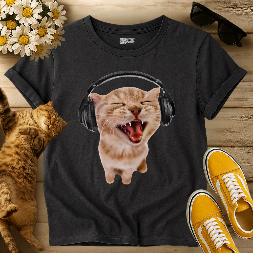 Silly Cat With Headphones T-Shirt