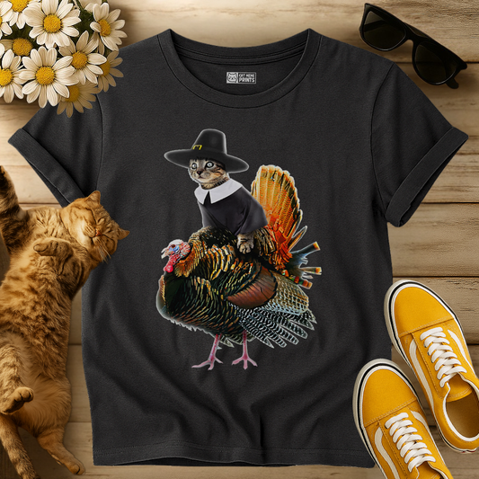 Cat Pilgrim Riding Turkey Thanksgiving T-Shirt