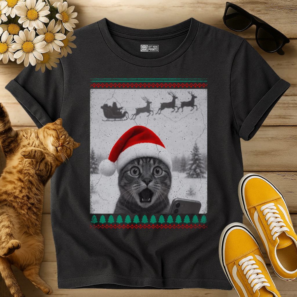 Cat Selfie with Santa Sleigh T-Shirt