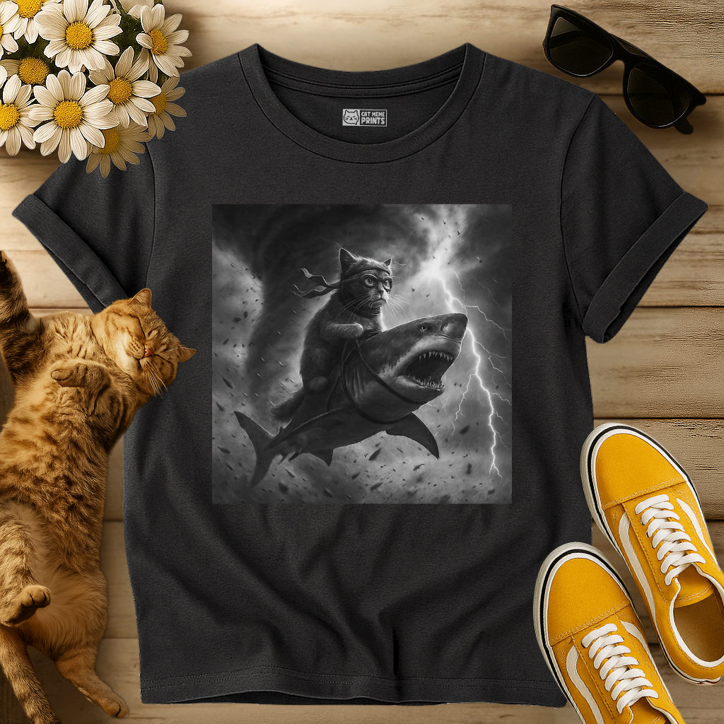 Cat Riding a Shark in Tornado Selfie T-Shirt