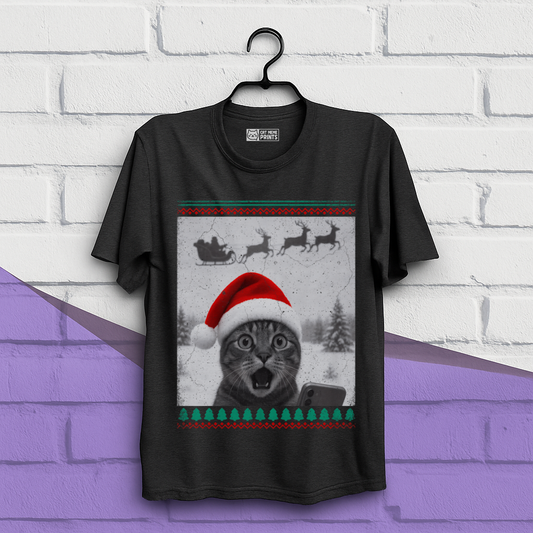 Christmas Cat Selfie with Santa Sleigh T-Shirt