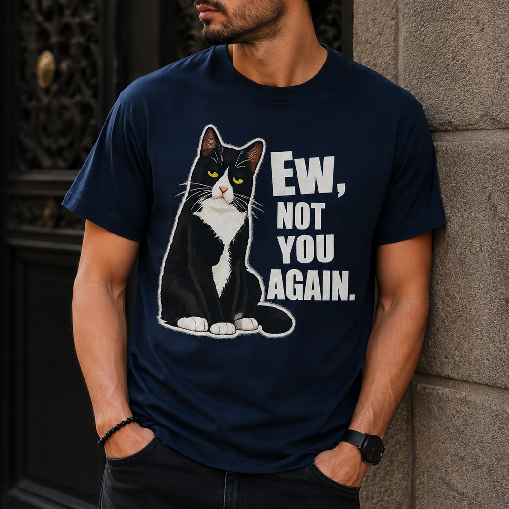 A man wearing a navy blue graphic t-shirt with a black and white cat illustration and the text 'EW, NOT YOU AGAIN.' leaning against a stone wall.
