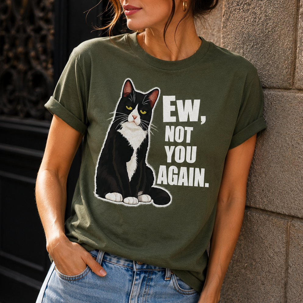 A woman wearing an olive green graphic t-shirt with a black and white cat illustration and the text 'EW, NOT YOU AGAIN.' leaning against a stone wall.