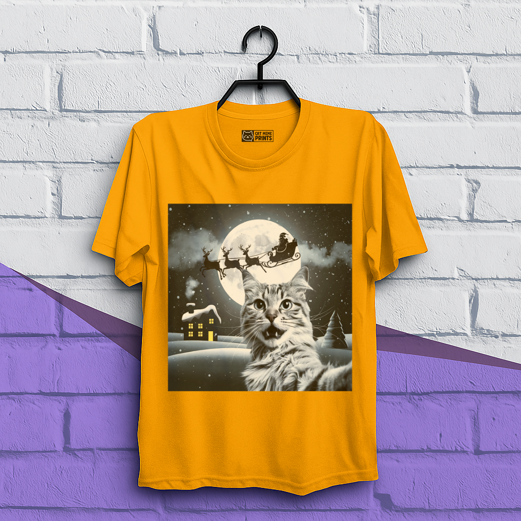 Cat Selfie with Santa Sleigh Christmas T-Shirt