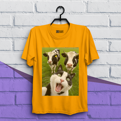 Cat Selfie With Black And White Cow T-Shirt