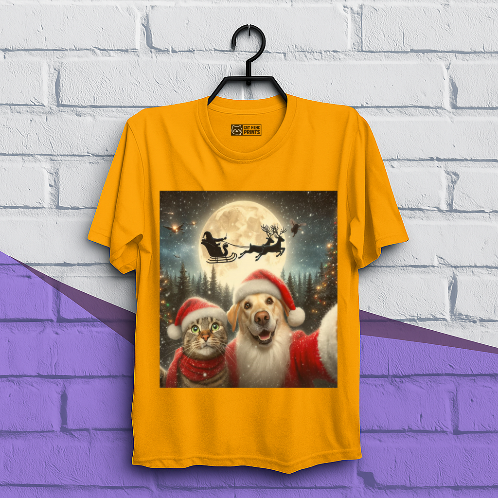 Cat and Dog Selfie with Santa Claus Christmas T-Shirt