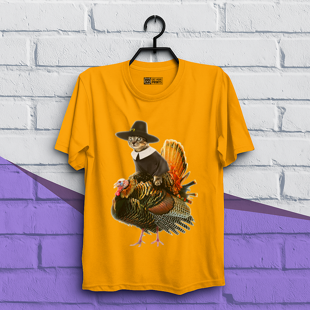 Cat Pilgrim Riding Turkey Thanksgiving T-Shirt