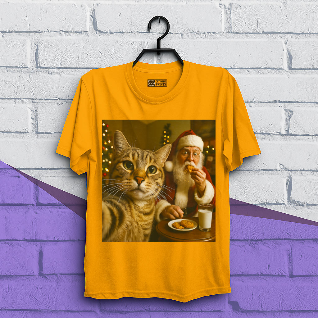 Cat Selfie with Santa Claus Eating Christmas T-Shirt