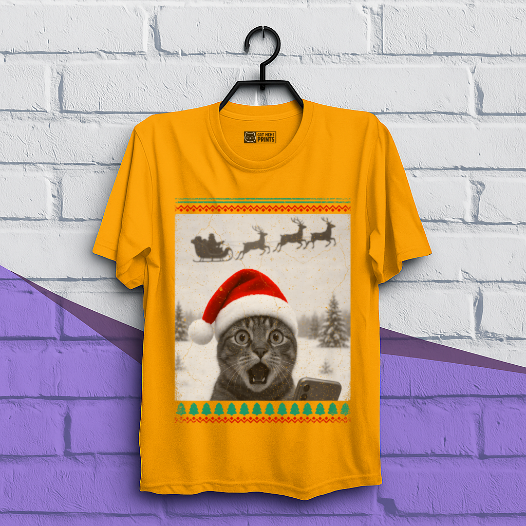Christmas Cat Selfie with Santa Sleigh T-Shirt