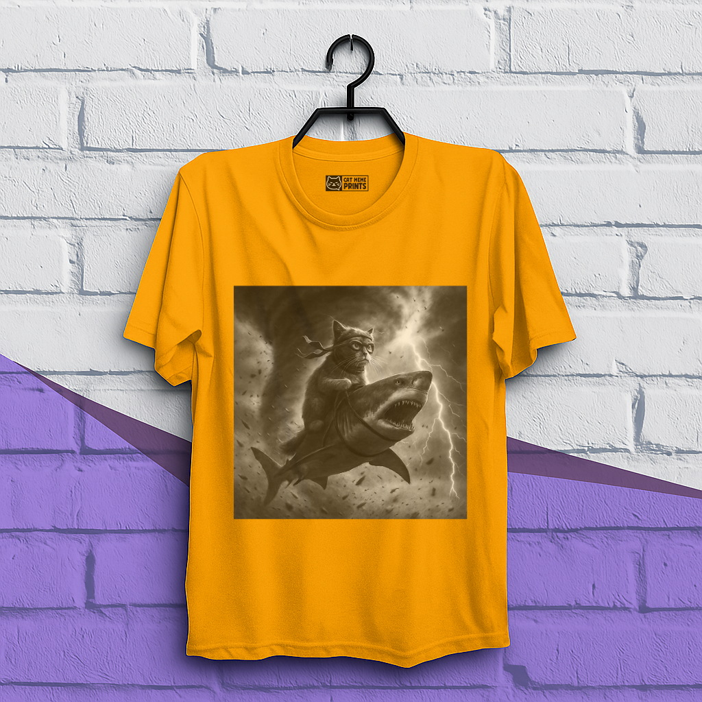 Cat Riding a Shark in Tornado Selfie Cat T-Shirt