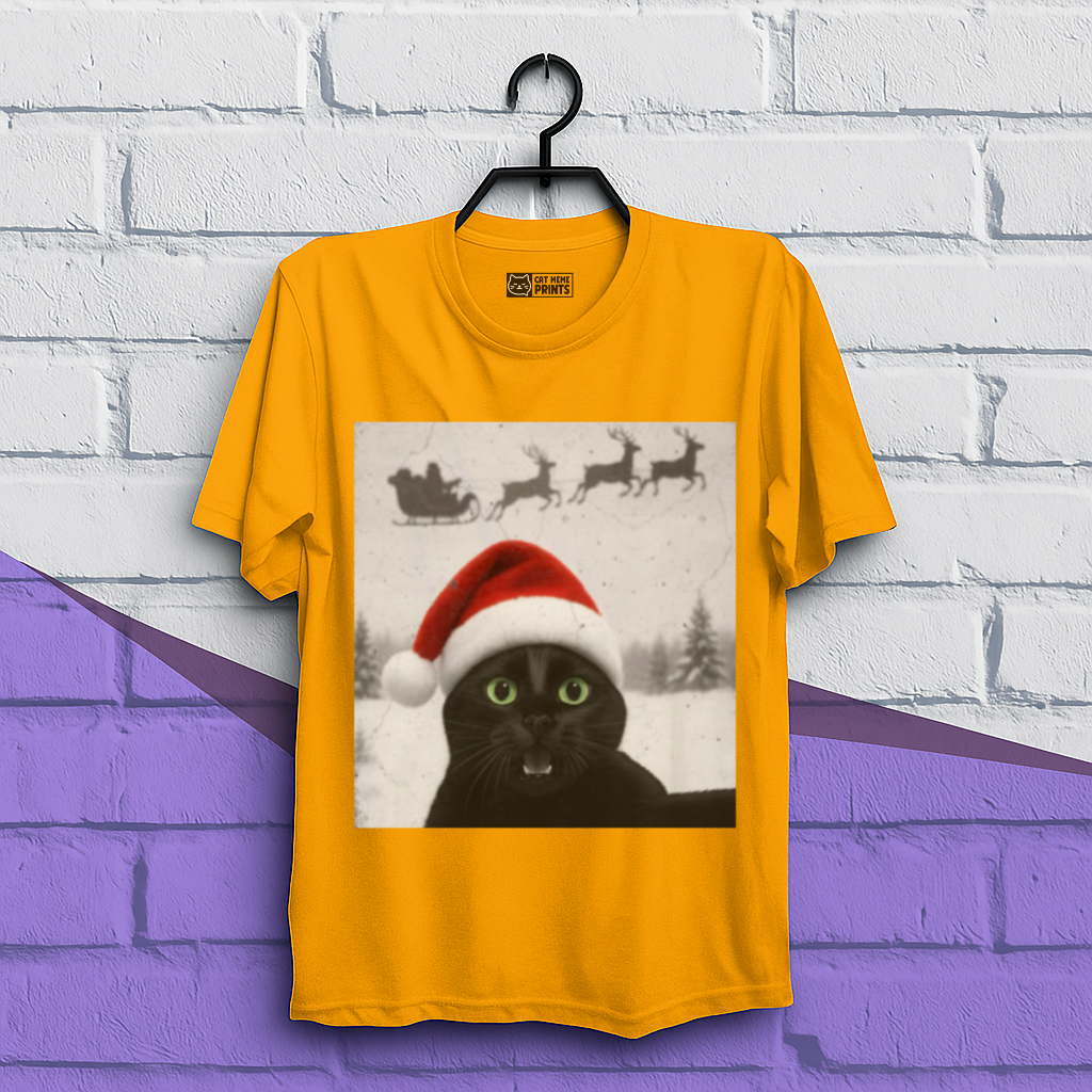 Black Cat Selfie with Santa Sleigh Christmas T-Shirt