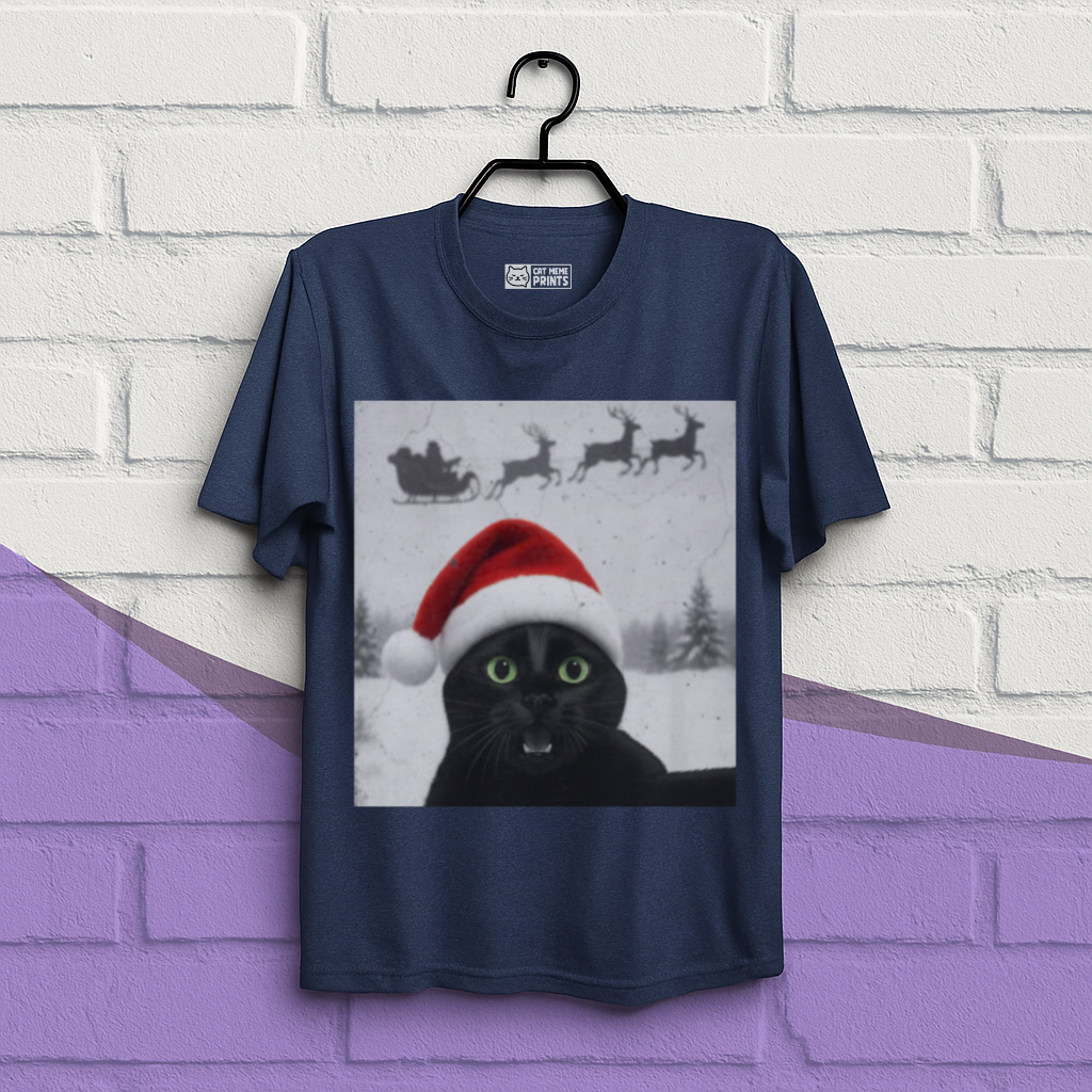 Black Cat Selfie with Santa Sleigh Christmas T-Shirt