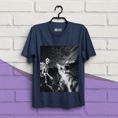 Cat Selfie with Skeleton Halloween T-Shirt