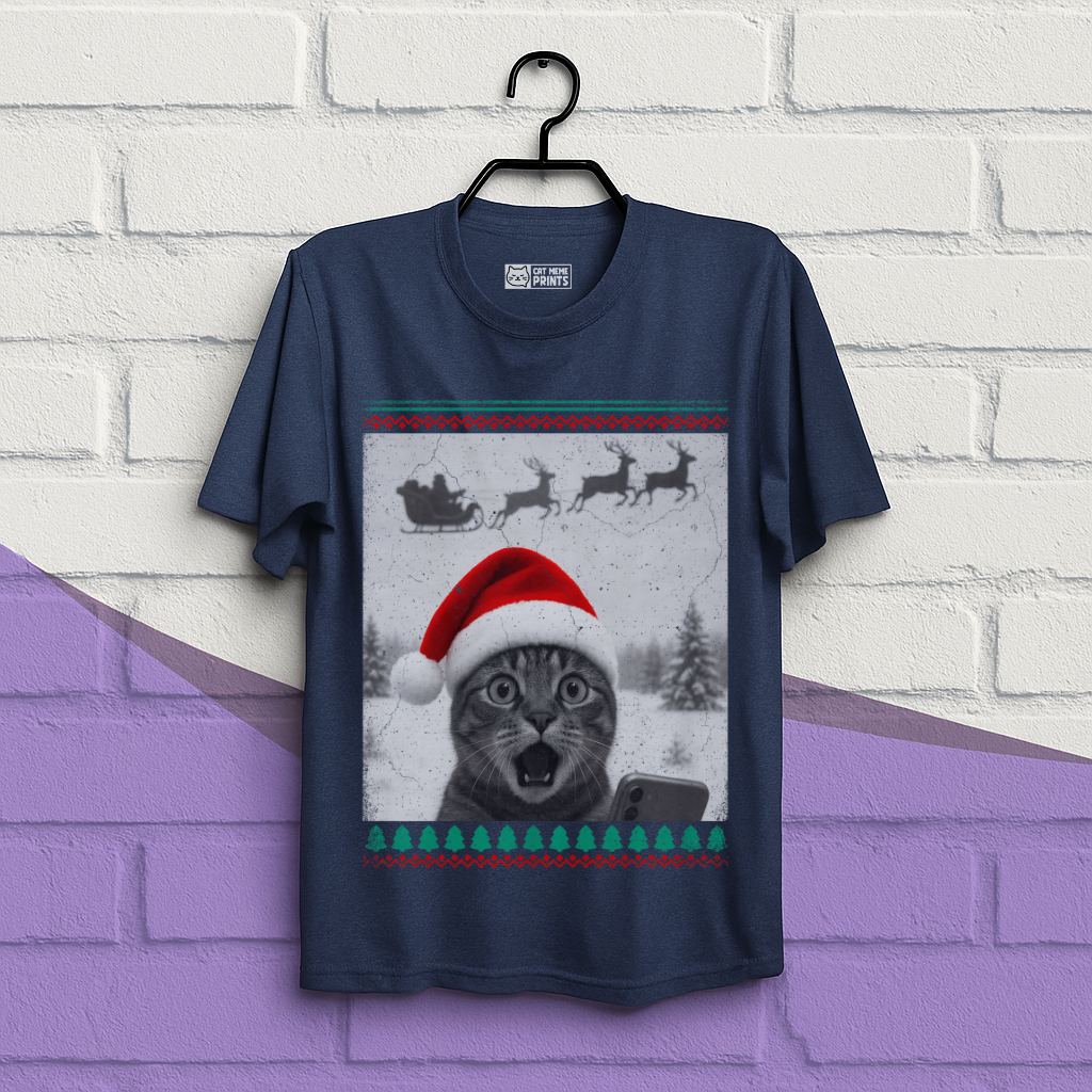 Christmas Cat Selfie with Santa Sleigh T-Shirt