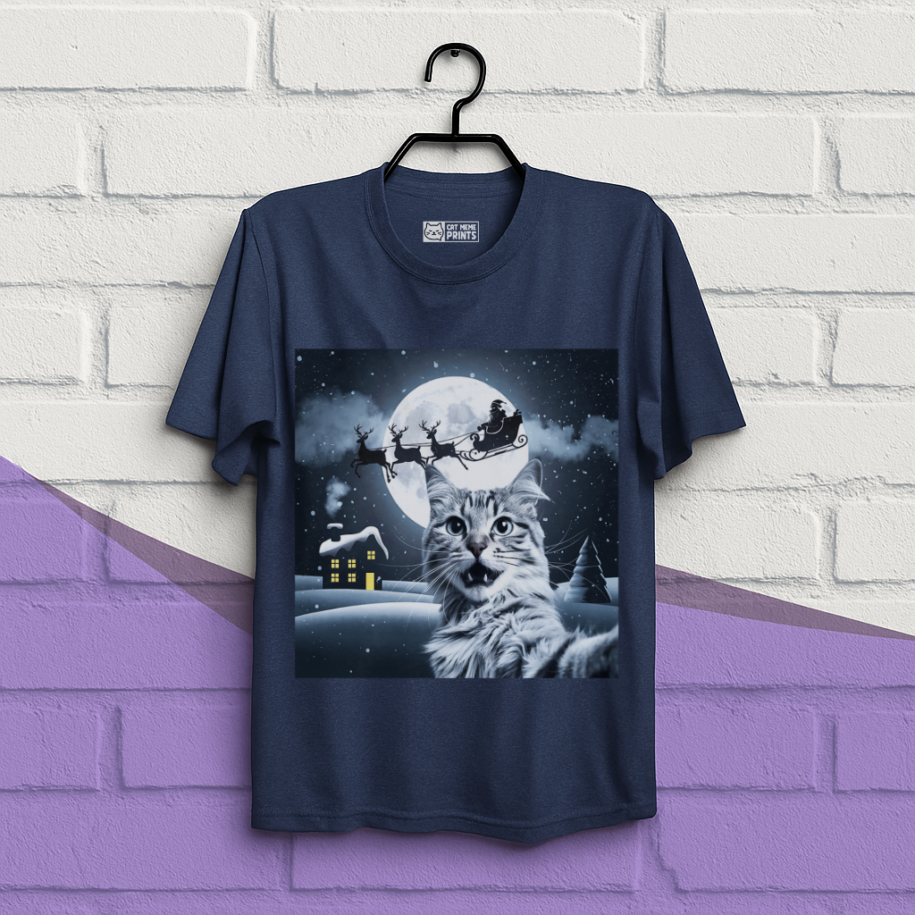 Cat Selfie with Santa Sleigh Christmas T-Shirt