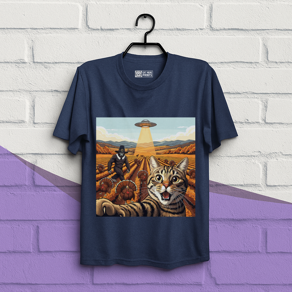 Cat Selfie With Tureky UFO Bigfoot Thanksgiving T-Shirt