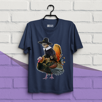 Cat Pilgrim Riding Turkey Thanksgiving T-Shirt
