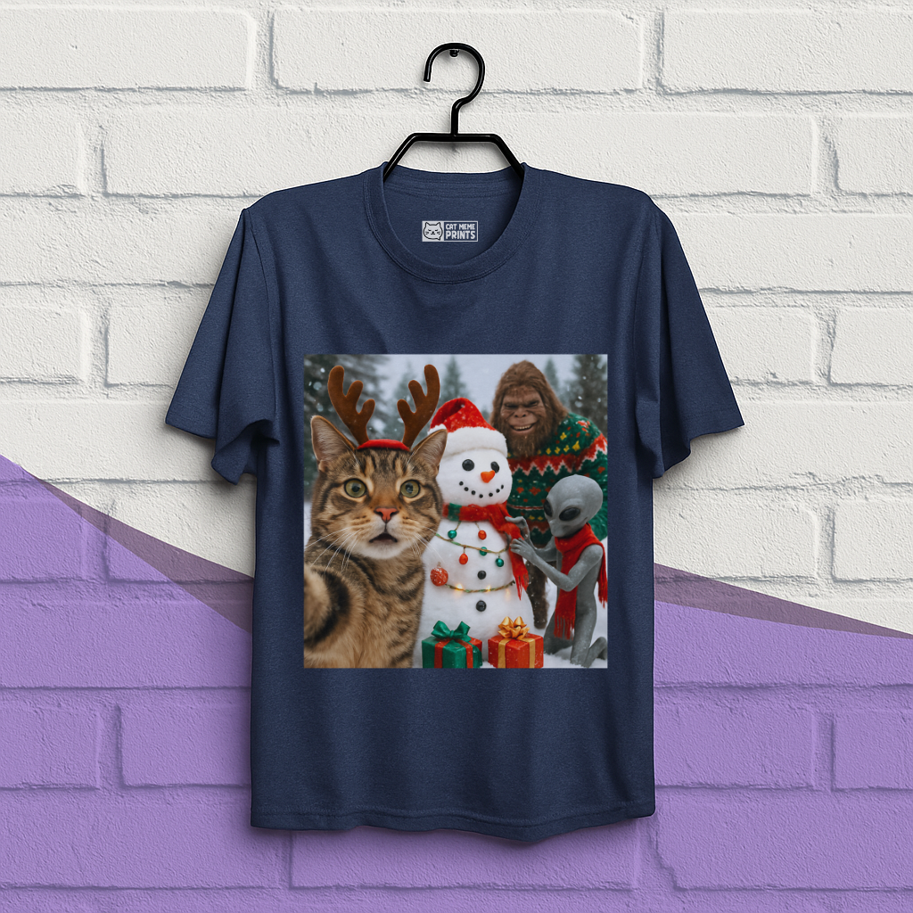 Cat Selfie with Bigfoot Alien & Snowman Christmas T-Shirt