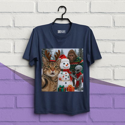 Cat Selfie with Bigfoot Alien & Snowman Christmas T-Shirt