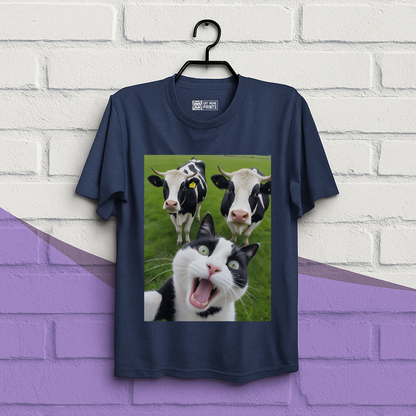 Cat Selfie With Black And White Cow T-Shirt