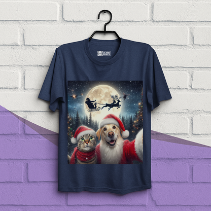 Cat and Dog Selfie with Santa Claus Christmas T-Shirt