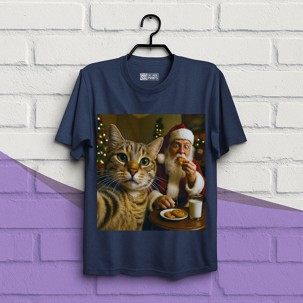 Cat Selfie with Santa Claus Eating Christmas T-Shirt