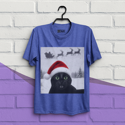 Black Cat Selfie with Santa Sleigh Christmas T-Shirt