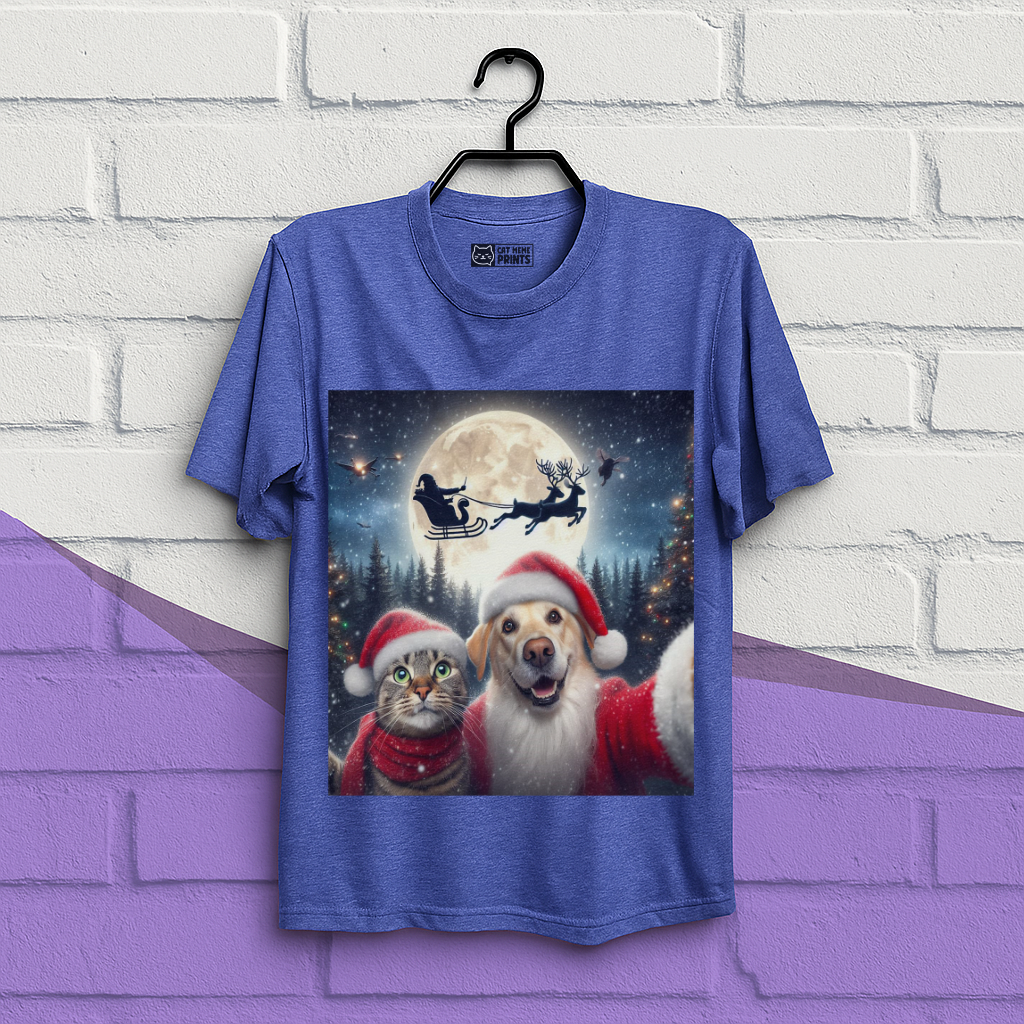 Cat and Dog Selfie with Santa Claus Christmas T-Shirt