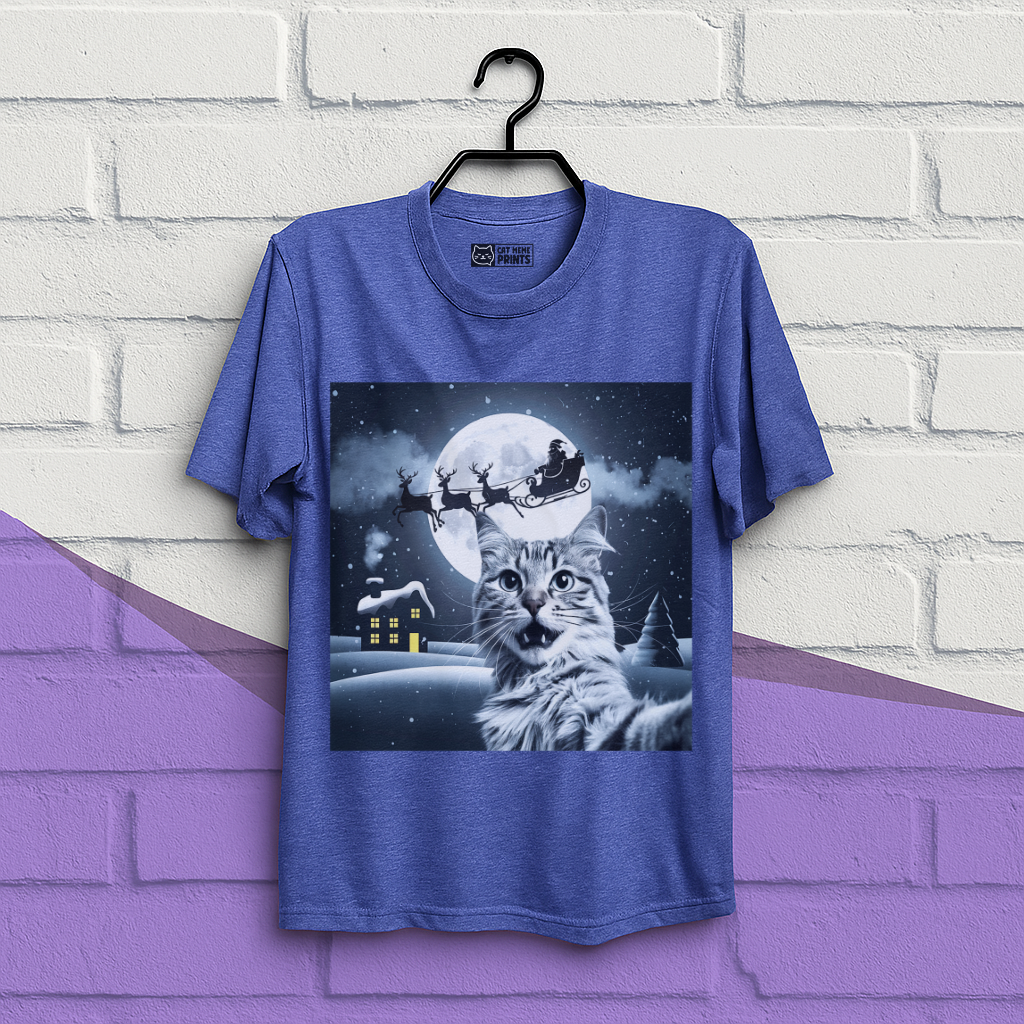 Cat Selfie with Santa Sleigh Christmas T-Shirt