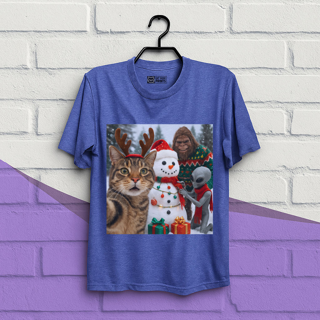Cat Selfie with Bigfoot Alien & Snowman Christmas T-Shirt