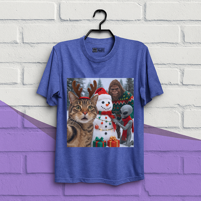 Cat Selfie with Bigfoot Alien & Snowman Christmas T-Shirt