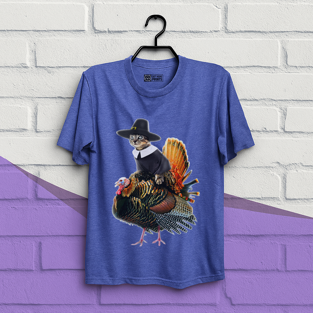 Cat Pilgrim Riding Turkey Thanksgiving T-Shirt