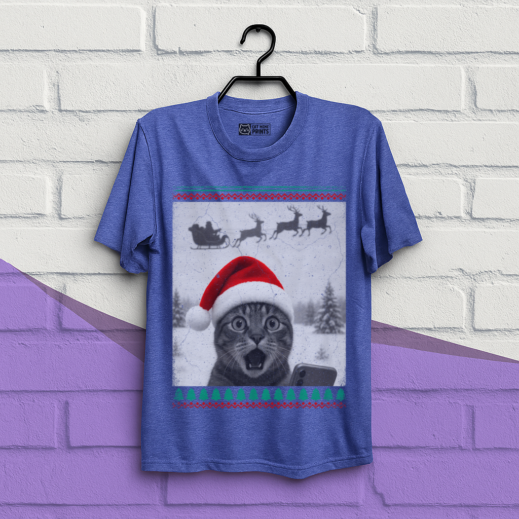 Christmas Cat Selfie with Santa Sleigh T-Shirt