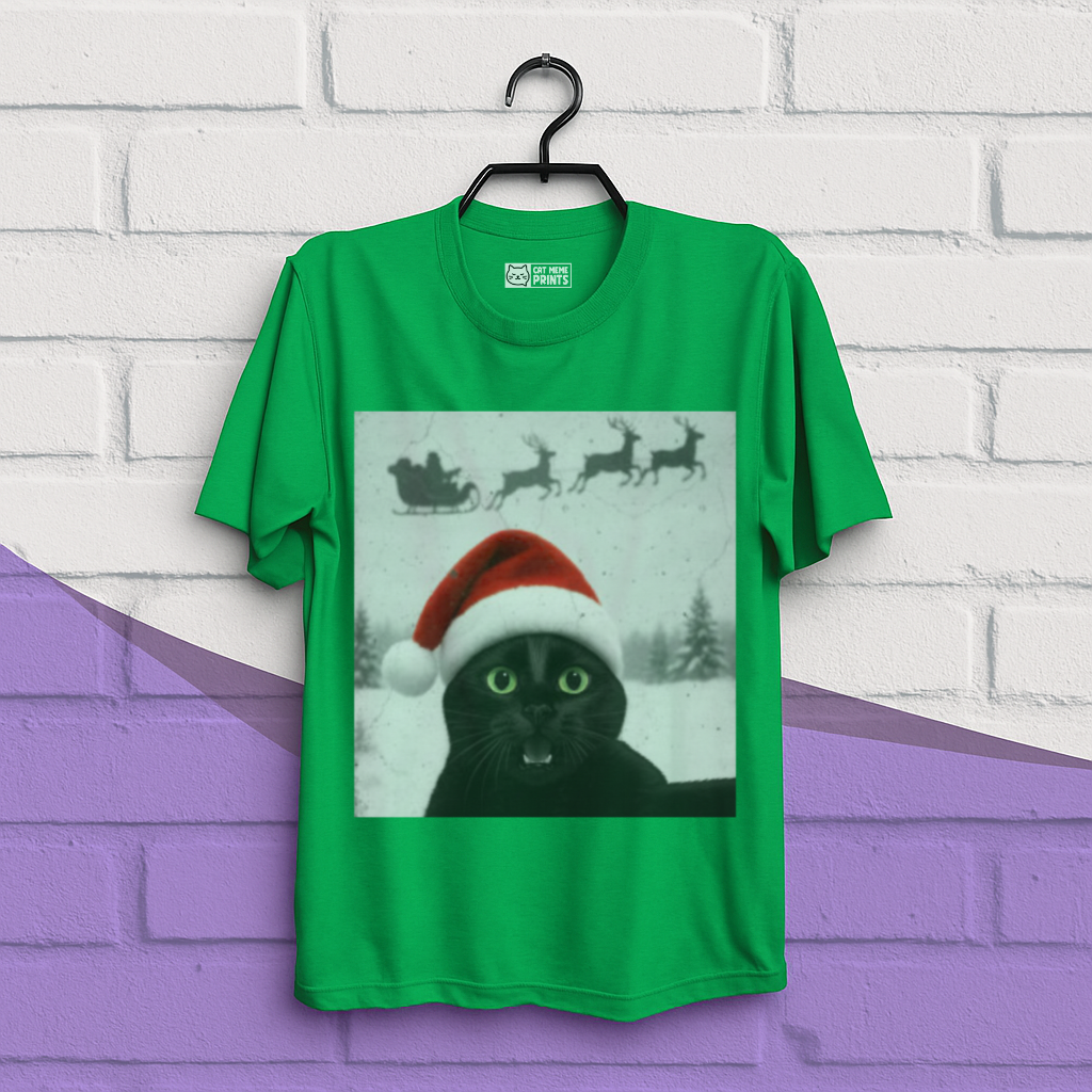 Black Cat Selfie with Santa Sleigh Christmas T-Shirt