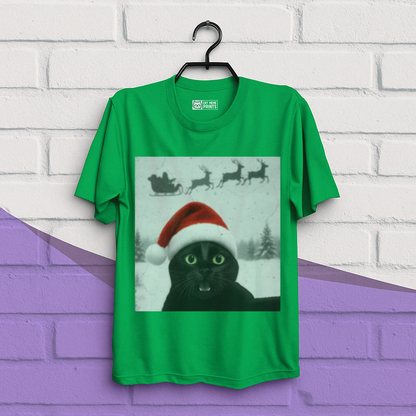 Black Cat Selfie with Santa Sleigh Christmas T-Shirt