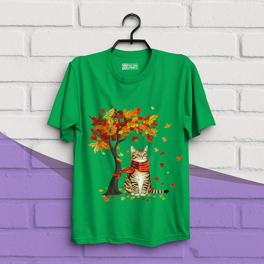 Cat Leaf Fall Tree Autumn Thanksgiving T-Shirt